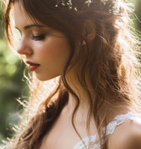 A bride standing in a sunlit forest, her hair styled in soft, flowing waves adorned with small flowers, perfectly complementing the natural woodland setting.