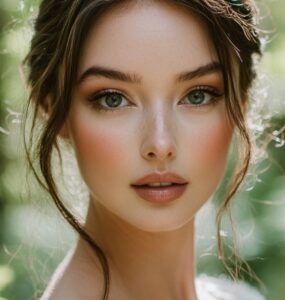 A close-up of a bride in a forest setting with a radiant, dewy complexion and soft, natural makeup, blending seamlessly with the surrounding greenery.