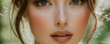 A close-up of a bride in a forest setting with a radiant, dewy complexion and soft, natural makeup, blending seamlessly with the surrounding greenery.