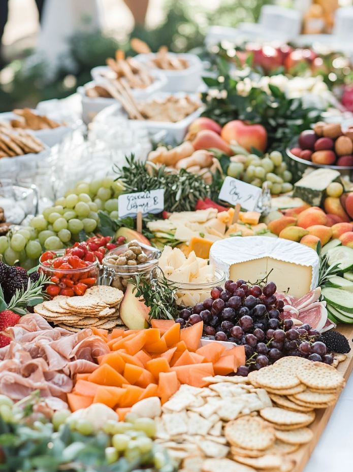 A wedding grazing table featuring a variety of cheeses, crackers, fruits, vegetables, nuts, and dips for guests to enjoy.
