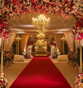 A glamorous wedding venue with red carpet entrance, golden chandeliers, and elegant floral arrangements, setting the stage for a Hollywood-style celebration.