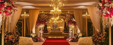 A glamorous wedding venue with red carpet entrance, golden chandeliers, and elegant floral arrangements, setting the stage for a Hollywood-style celebration.