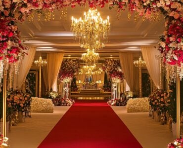 A glamorous wedding venue with red carpet entrance, golden chandeliers, and elegant floral arrangements, setting the stage for a Hollywood-style celebration.