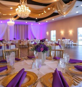 Image of a beautifully set wedding reception, highlighting a beautiful atmosphere created with budget-friendly choices and personal touches.