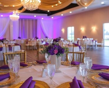 Image of a beautifully set wedding reception, highlighting a beautiful atmosphere created with budget-friendly choices and personal touches.