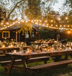A beautifully decorated wedding reception with fairy lights and floral centerpieces, creating an elegant atmosphere on a budget.