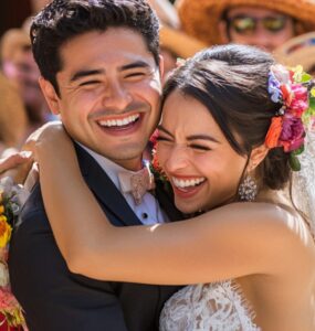 A joyful couple celebrating their wedding surrounded by friends and family, embracing the vibrant and heartfelt spirit of a Mexican wedding.