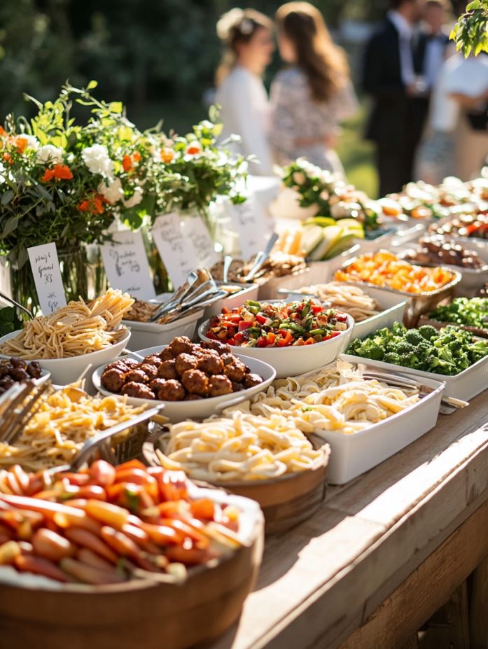 Pasta bar at a wedding reception with various types of pasta, sauces, and toppings like meatballs and grilled vegetables for guests to customize their meals.