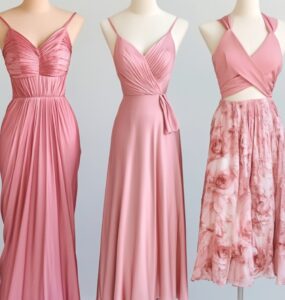 A variety of pink wedding guest dresses in different styles, including flowy maxi dresses, elegant satin slip dresses, and chic wrap dresses, displayed on mannequins and models.