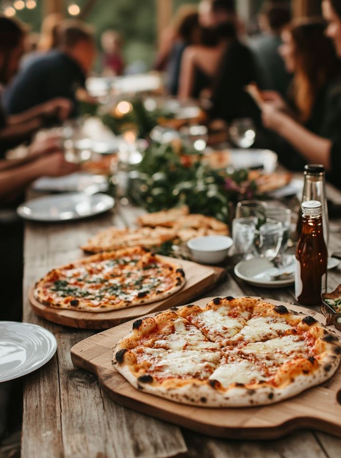 Wedding reception with guests enjoying freshly baked pizzas served on wooden boards around communal tables.