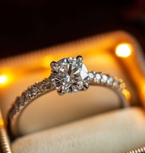 A close-up of a radiant engagement ring in a beautifully lit jewelry box, symbolizing love and commitment. The ring features a sparkling diamond with an elegant setting, perfect for a proposal.