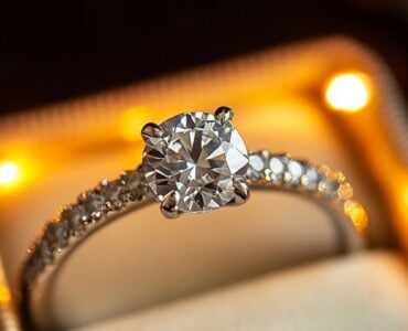 A close-up of a radiant engagement ring in a beautifully lit jewelry box, symbolizing love and commitment. The ring features a sparkling diamond with an elegant setting, perfect for a proposal.