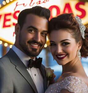A happy couple dressed in retro attire, standing under a glowing Las Vegas sign, ready to celebrate their vintage-inspired wedding.