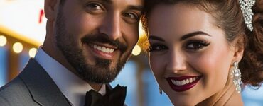 A happy couple dressed in retro attire, standing under a glowing Las Vegas sign, ready to celebrate their vintage-inspired wedding.