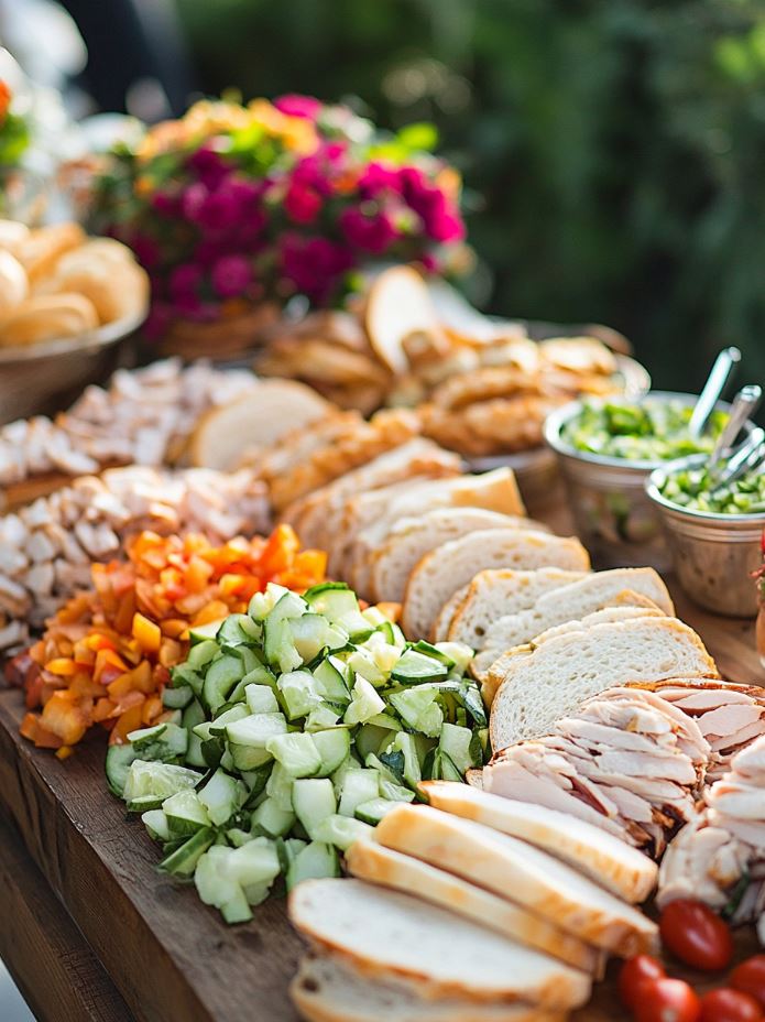 A wedding sandwich and wrap station with various bread, wraps, fillings like turkey and chicken, fresh vegetables, and condiments for guests to create their own meals.