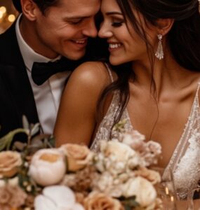 A heartwarming moment of a newlywed couple embracing at their beautifully decorated wedding reception, surrounded by warm brown hues, soft candlelight, and elegant florals.
