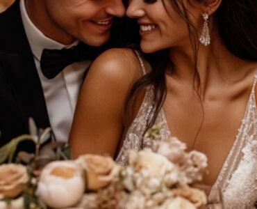 A heartwarming moment of a newlywed couple embracing at their beautifully decorated wedding reception, surrounded by warm brown hues, soft candlelight, and elegant florals.
