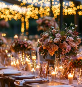 A beautifully decorated wedding reception with elegant floral centerpieces, candles, and fairy lights creating a romantic ambiance.