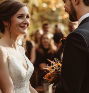 A bride and groom holding hands at an intimate outdoor wedding ceremony, surrounded by close family and friends in a warm, cozy setting.