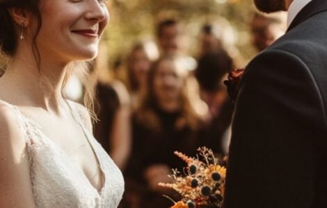 A bride and groom holding hands at an intimate outdoor wedding ceremony, surrounded by close family and friends in a warm, cozy setting.