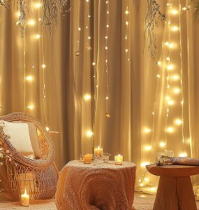 A beautifully decorated small wedding setup with fairy lights, candles, and a cozy ambiance, creating a warm and intimate atmosphere.
