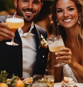 A newlywed couple raising a toast with stylish cocktails, surrounded by beautifully plated wedding food at their intimate reception.