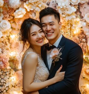 A stylish wedding photobooth setup featuring a couple posing in front of a floral and light-adorned backdrop, capturing joyful moments.