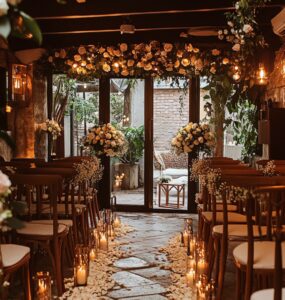 Image of an intimate wedding ceremony in a beautifully decorated small venue, with soft lighting and floral arrangements setting a romantic atmosphere.