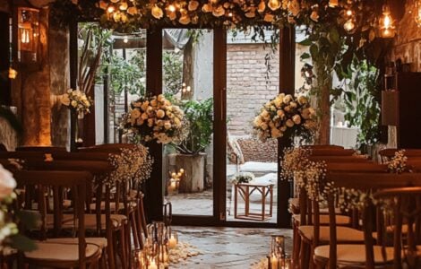Image of an intimate wedding ceremony in a beautifully decorated small venue, with soft lighting and floral arrangements setting a romantic atmosphere.