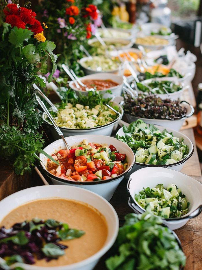 A soup and salad bar at a wedding reception with a selection of hearty soups, fresh greens, toppings, and dressings for guests to build their own salad.