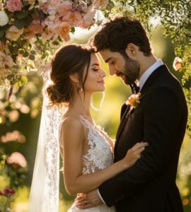 A bride and groom stand under a floral arch in a blooming garden, surrounded by vibrant spring flowers and soft sunlight.