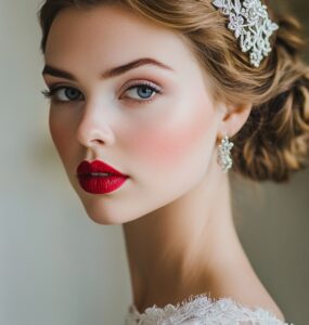 A bride with vintage-inspired makeup, featuring bold red lips, soft winged eyeliner, and a flawless complexion. She is elegantly dressed in a lace wedding gown with a classic updo and vintage hair accessory, standing in a softly lit, romantic setting.