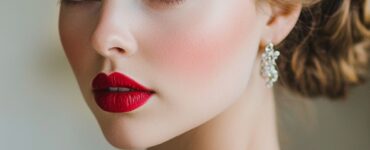 A bride with vintage-inspired makeup, featuring bold red lips, soft winged eyeliner, and a flawless complexion. She is elegantly dressed in a lace wedding gown with a classic updo and vintage hair accessory, standing in a softly lit, romantic setting.