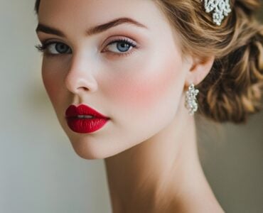 A bride with vintage-inspired makeup, featuring bold red lips, soft winged eyeliner, and a flawless complexion. She is elegantly dressed in a lace wedding gown with a classic updo and vintage hair accessory, standing in a softly lit, romantic setting.