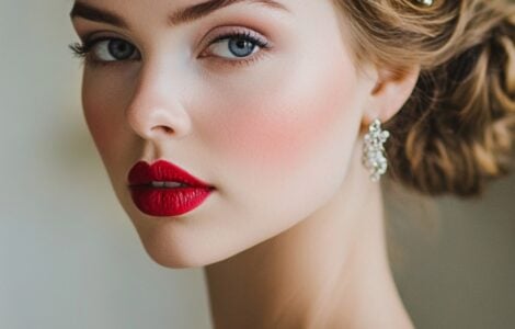 A bride with vintage-inspired makeup, featuring bold red lips, soft winged eyeliner, and a flawless complexion. She is elegantly dressed in a lace wedding gown with a classic updo and vintage hair accessory, standing in a softly lit, romantic setting.
