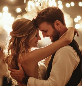 A bride and groom dancing under the soft glow of vintage chandeliers, surrounded by guests enjoying a beautifully decorated vintage wedding reception.