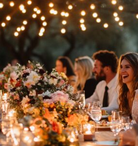 A beautifully decorated rehearsal dinner table set outdoors with string lights and elegant floral centerpieces, surrounded by guests smiling and enjoying a pre-wedding meal.