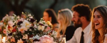 A beautifully decorated rehearsal dinner table set outdoors with string lights and elegant floral centerpieces, surrounded by guests smiling and enjoying a pre-wedding meal.