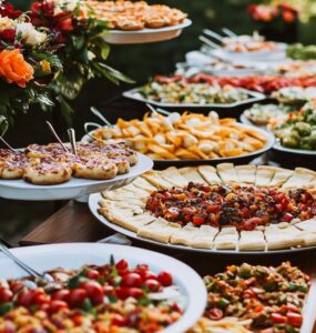 Wedding reception featuring a budget-friendly buffet-style meal, interactive taco bar, or casual pizza party, offering a variety of delicious dishes and creating an unforgettable celebration without high costs