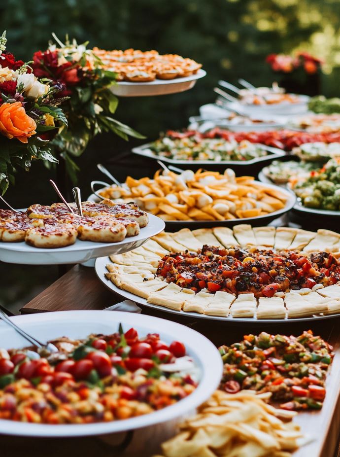 Wedding reception featuring a budget-friendly buffet-style meal, interactive taco bar, or casual pizza party, offering a variety of delicious dishes and creating an unforgettable celebration without high costs