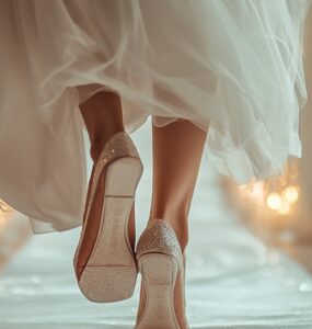 A bride lifting her wedding dress slightly to reveal elegant and comfortable shoes, standing on a beautifully decorated aisle with soft lighting.