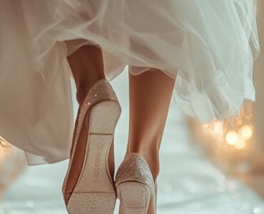 A bride lifting her wedding dress slightly to reveal elegant and comfortable shoes, standing on a beautifully decorated aisle with soft lighting.
